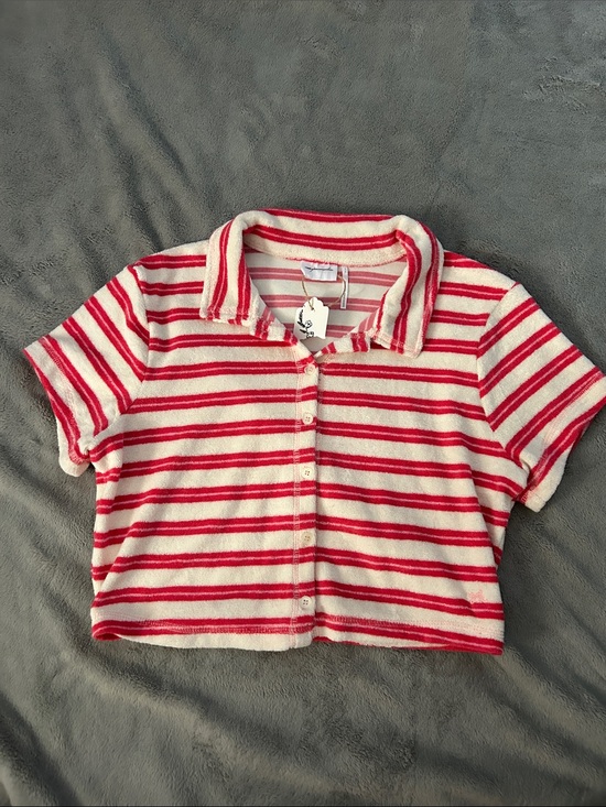 Urban Outfitters Tops - Urban Outfitters Red and Cream Striped Terry Crop Button-Up